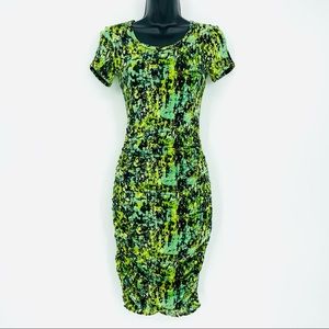 BCBGMaxazria Aina Evergreen MIDI Dress Jersey Short Sleeved Side Fitting Ruche